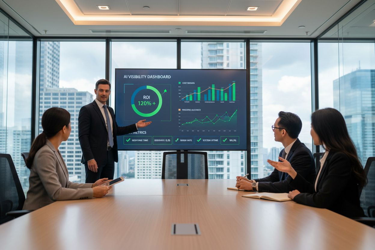Executive presentation with AI visibility dashboard and ROI metrics