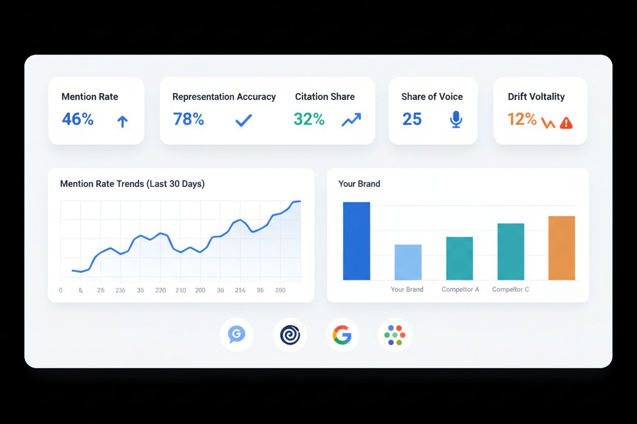 AI Visibility Dashboard showing Mention Rate, Representation Accuracy, Citation Share, and Share of Voice metrics