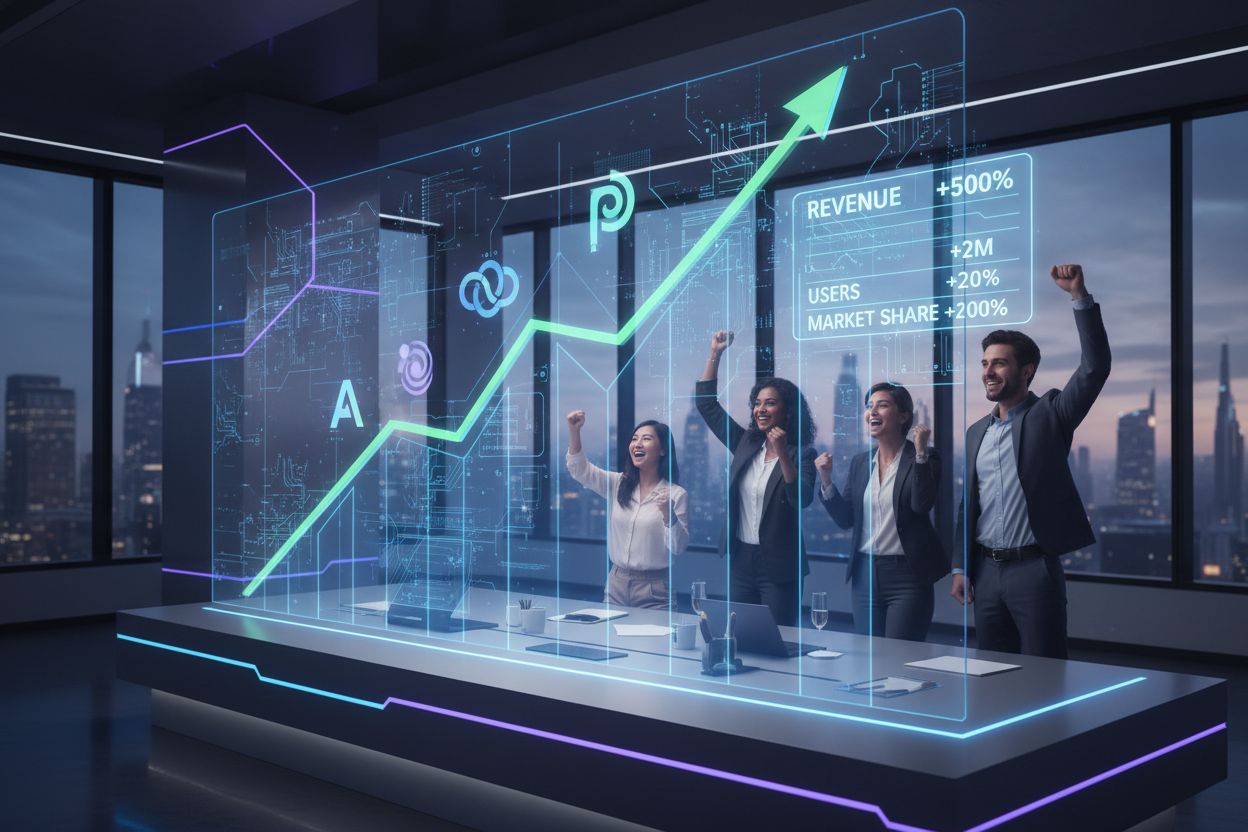 Startup team celebrating growth through AI platform visibility and citations