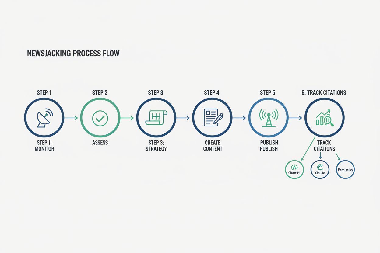 Six-step newsjacking framework showing monitor, assess, strategy, create, publish, and track stages with AI platform integration