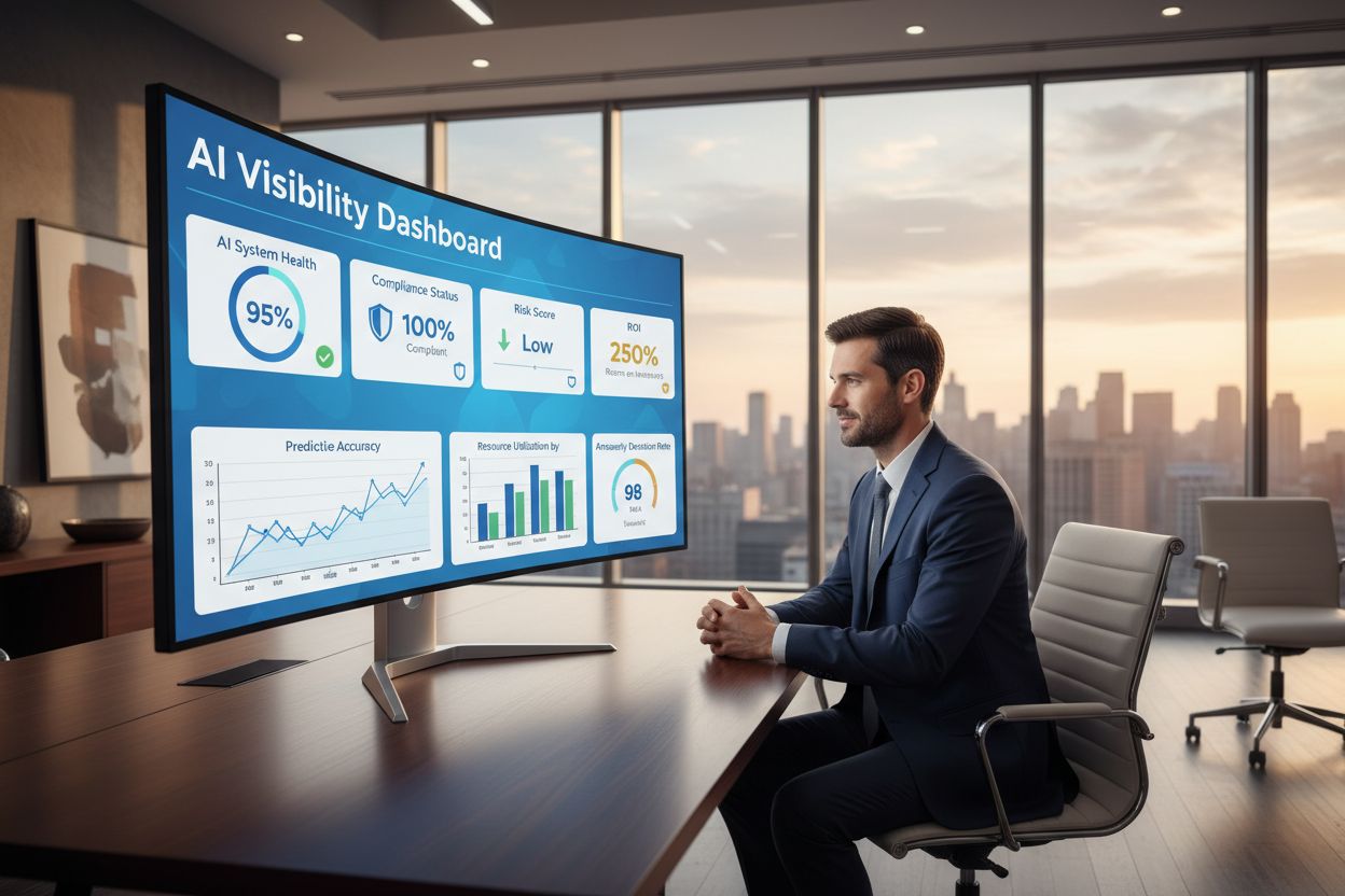 Executive reviewing AI visibility dashboard on modern monitor