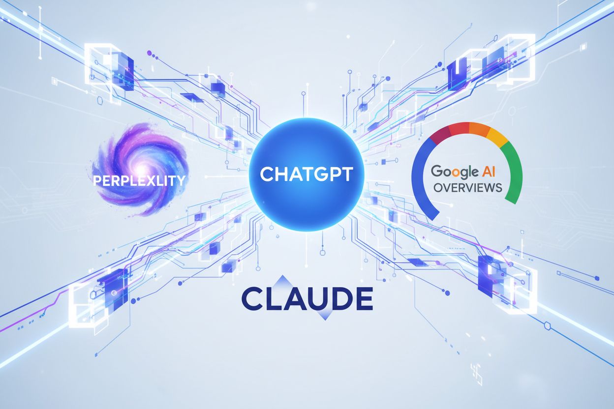 AI search landscape with multiple AI platforms interconnected