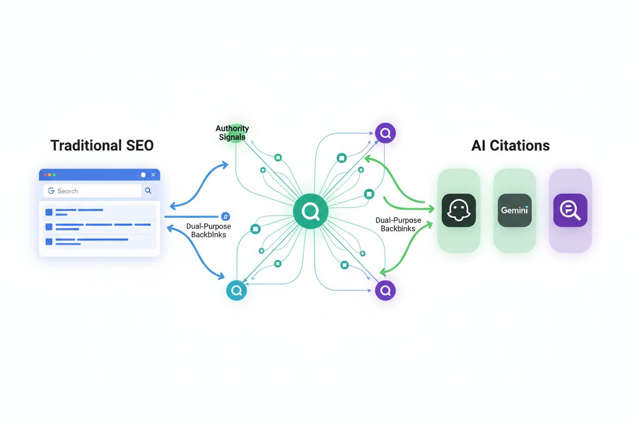 Interconnected network of backlinks flowing to traditional search and AI chatbot interfaces