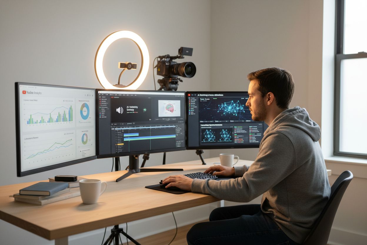 Content creator workspace with YouTube analytics and AI monitoring dashboards