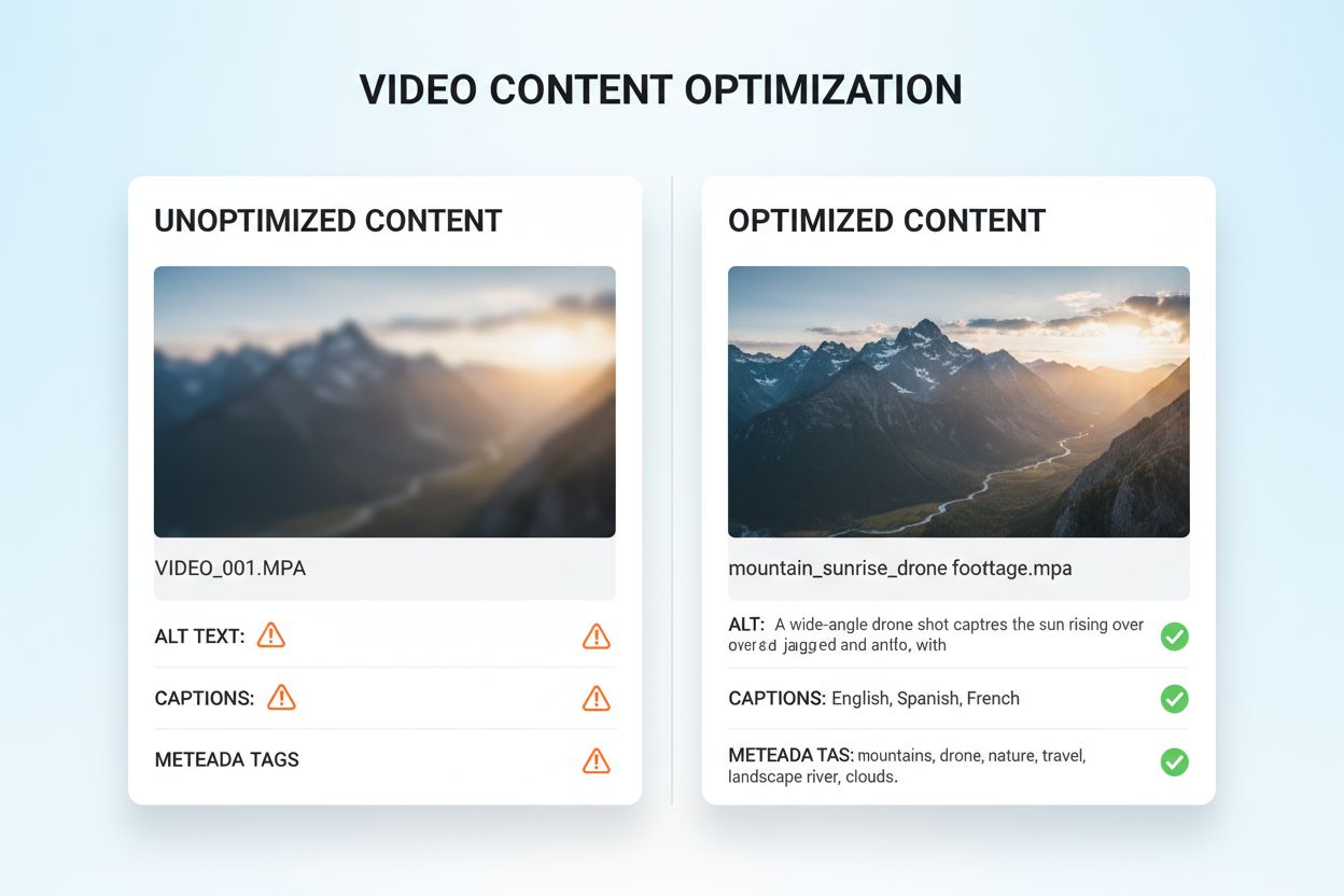 Split-screen comparison showing unoptimized video content on left with generic filename and missing metadata, optimized content on right with descriptive filename, alt text, captions, and metadata tags