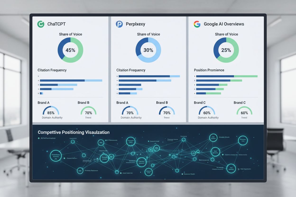 Competitive AI visibility dashboard showing brand comparison metrics across ChatGPT, Perplexity, and Google AI Overviews