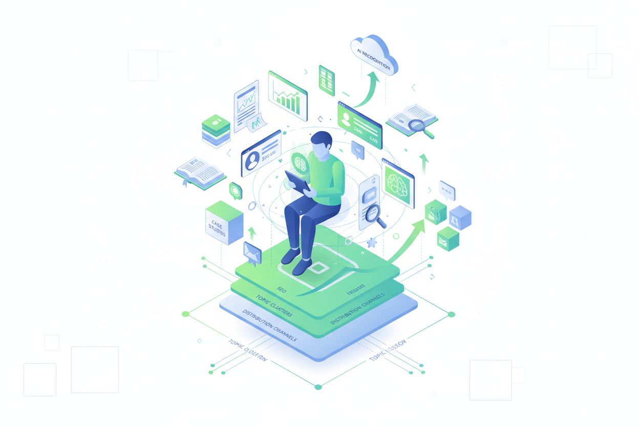 Expert creating comprehensive content ecosystem with research documents, case studies, and social media profiles interconnected