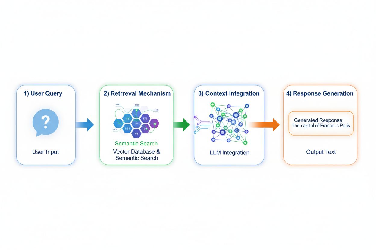 RAG pipeline workflow showing query, retrieval, integration, and response stages