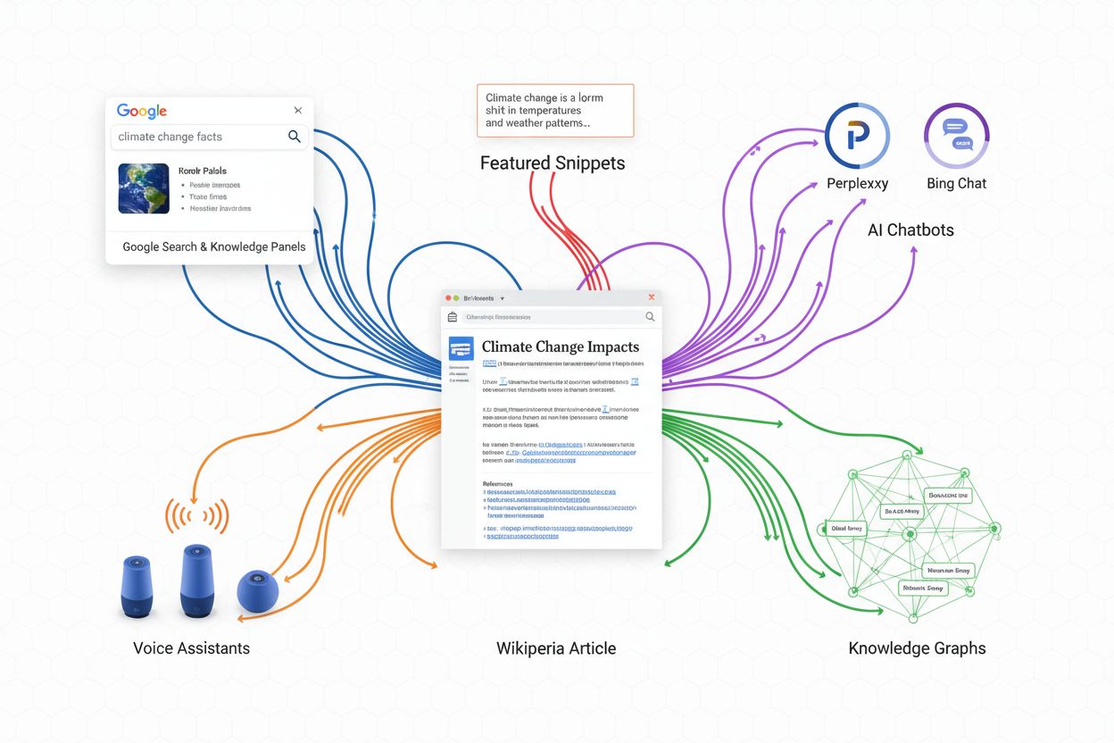 Wikipedia citation network effect cascading across Google, AI chatbots, voice assistants, knowledge graphs, and featured snippets