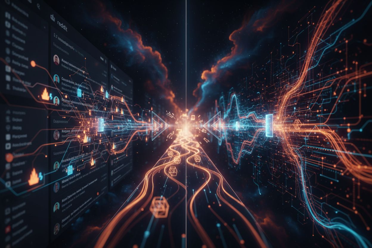 Data visualization showing Reddit discussions flowing into AI models with neural networks and data streams