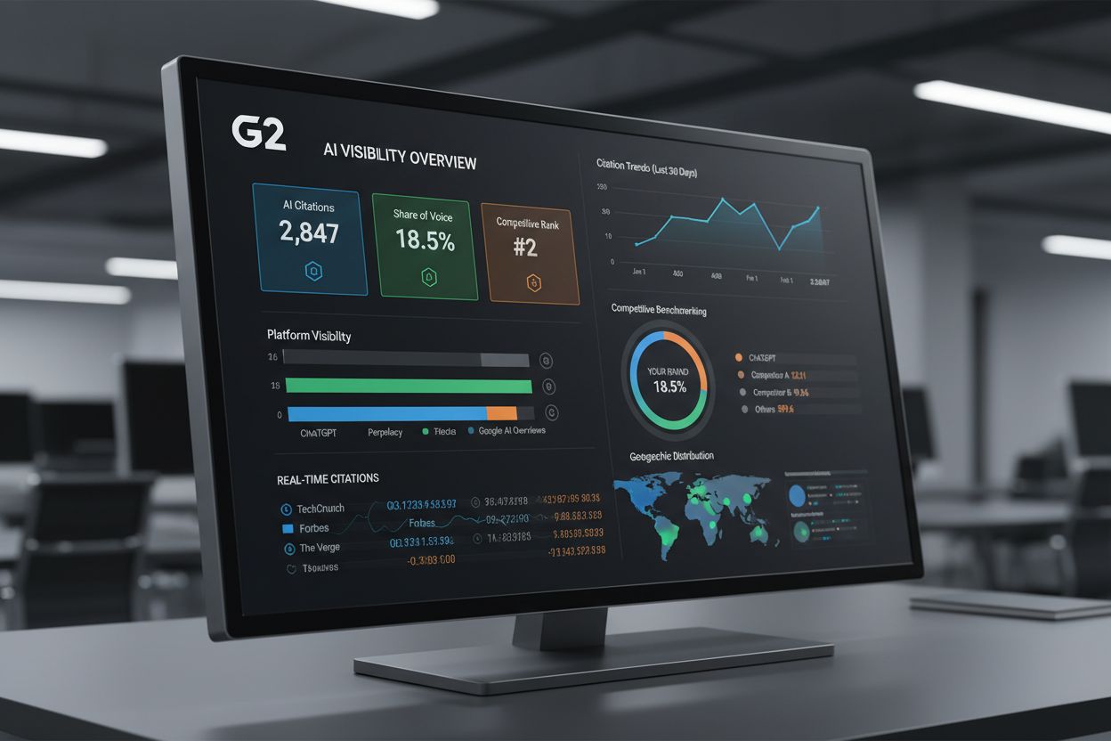 Modern Analytics Dashboard Showing AI Visibility Metrics, Citation Trends, and Competitive Benchmarking