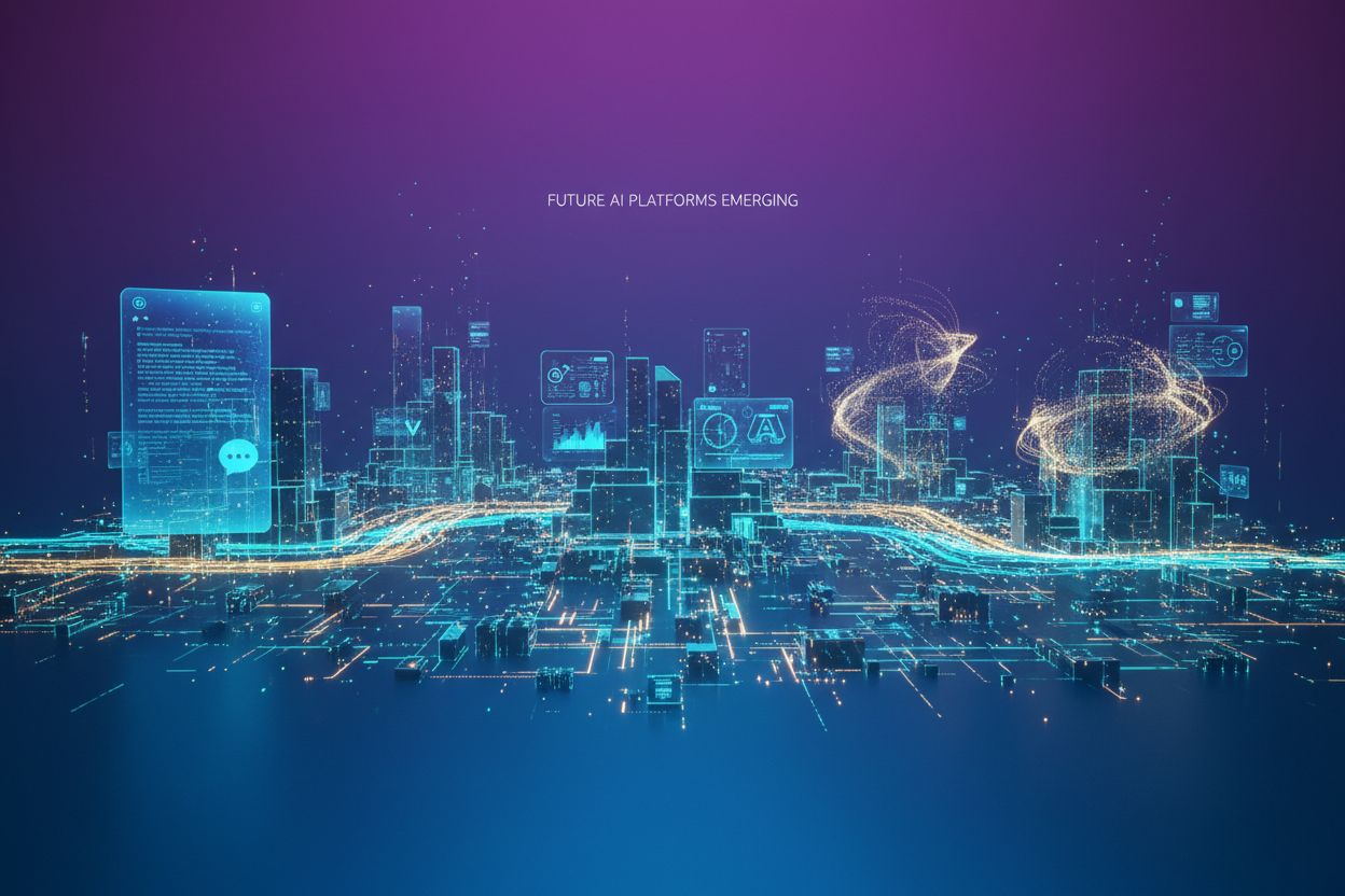Futuristic digital landscape showing multiple emerging AI platforms with glowing nodes and connections
