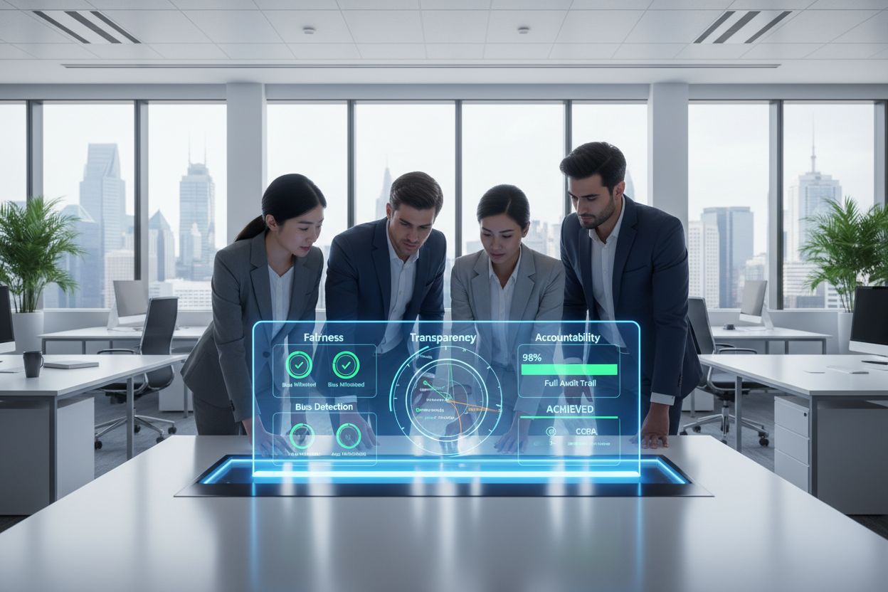 Diverse team collaborating on AI ethics dashboard in modern corporate office