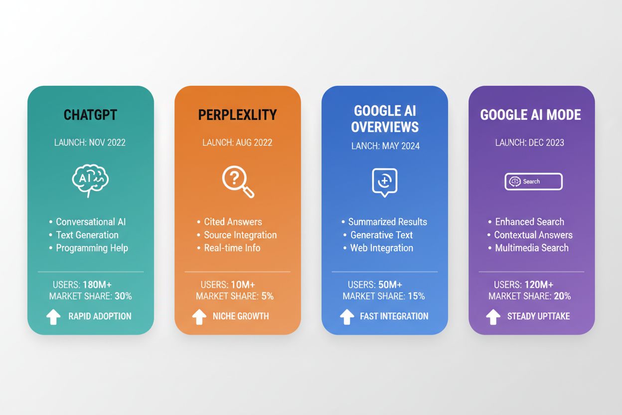 Comparison visualization of major AI search platforms including ChatGPT, Perplexity, Google AI Overviews, and Google AI Mode with their features and statistics