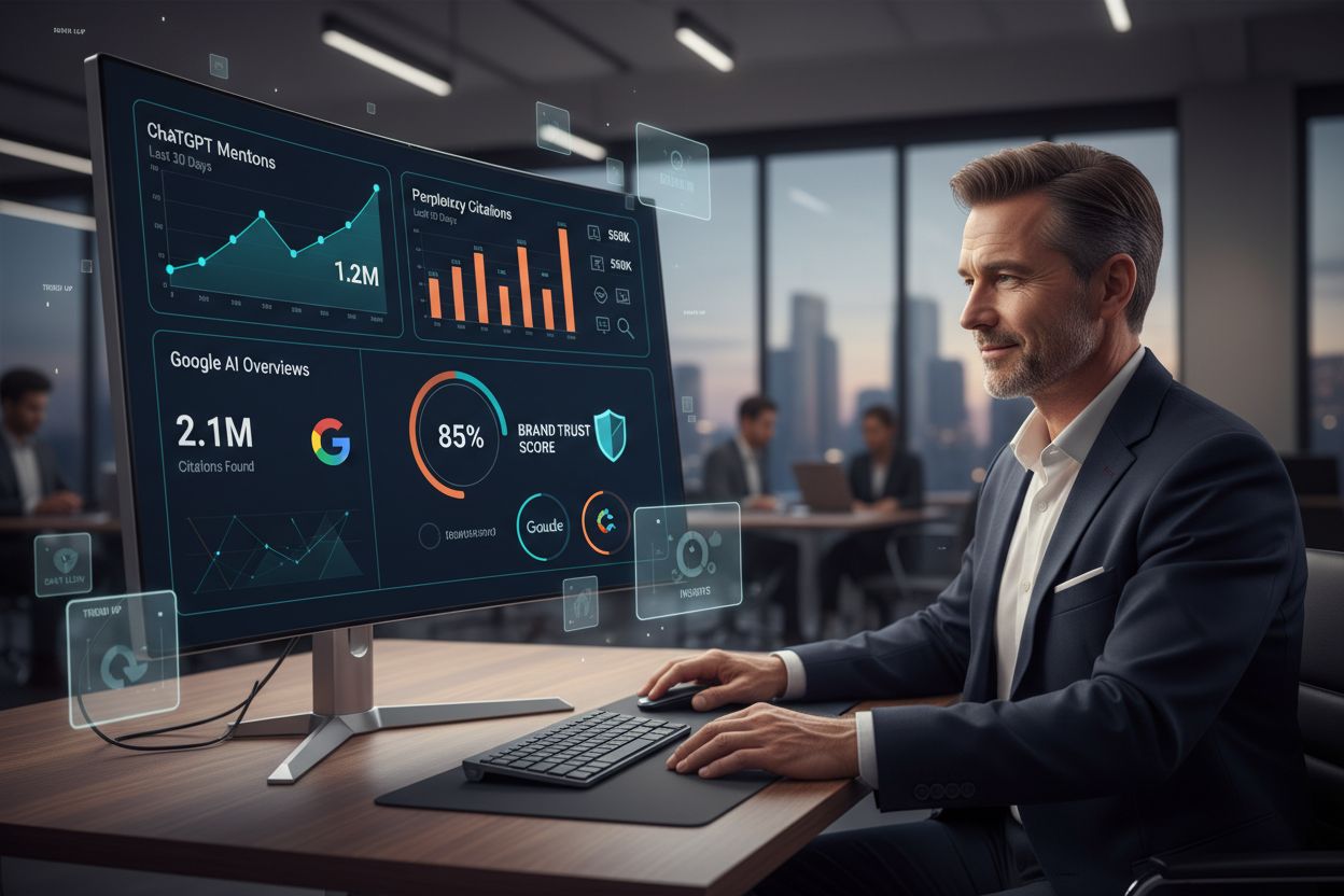 AI monitoring dashboard showing ChatGPT mentions, Perplexity citations, and trust score metrics