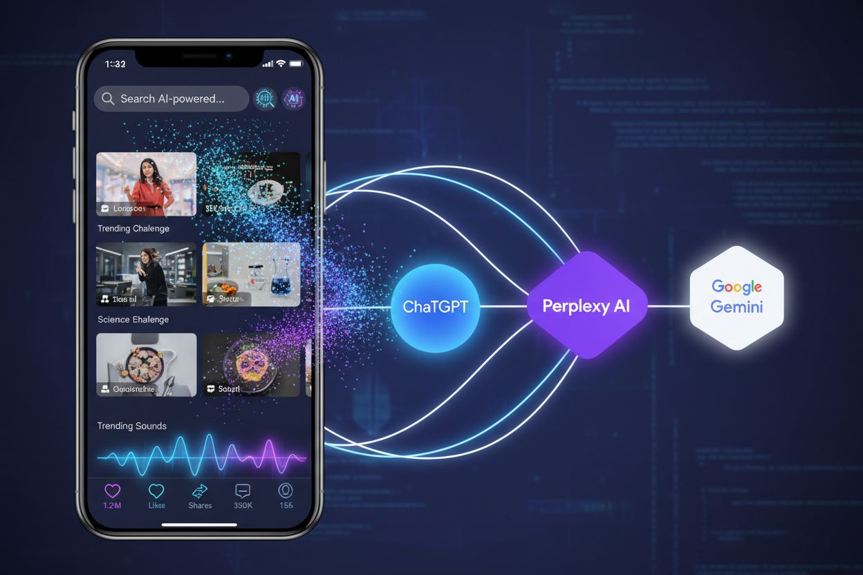 TikTok mobile interface showing AI search features and data flow to AI models