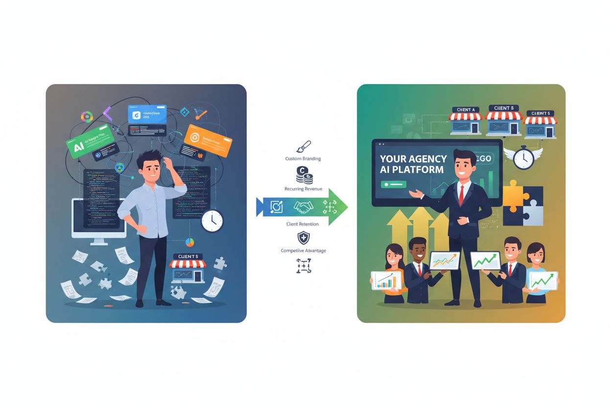 Transformation visualization showing white-label AI visibility platform benefits for marketing agencies