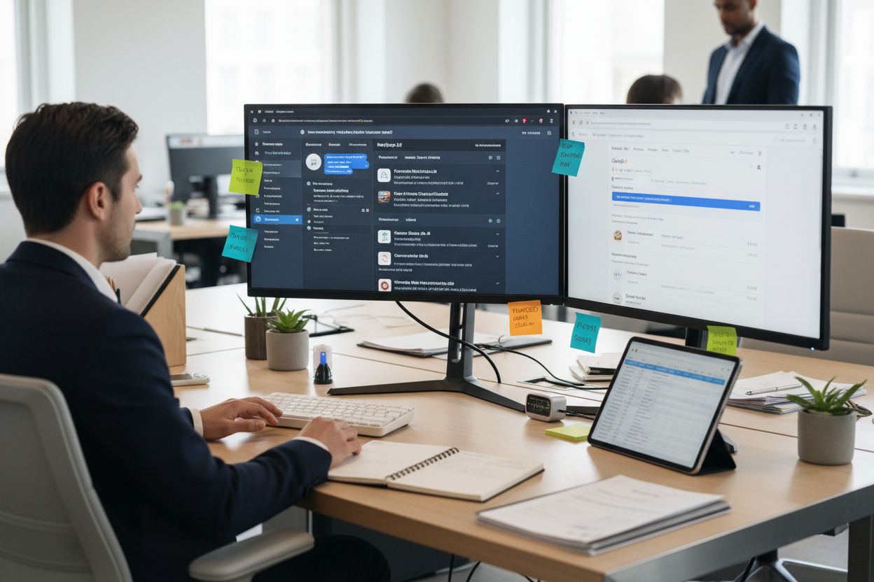 Professional workspace showing person testing AI visibility across multiple platforms with documentation