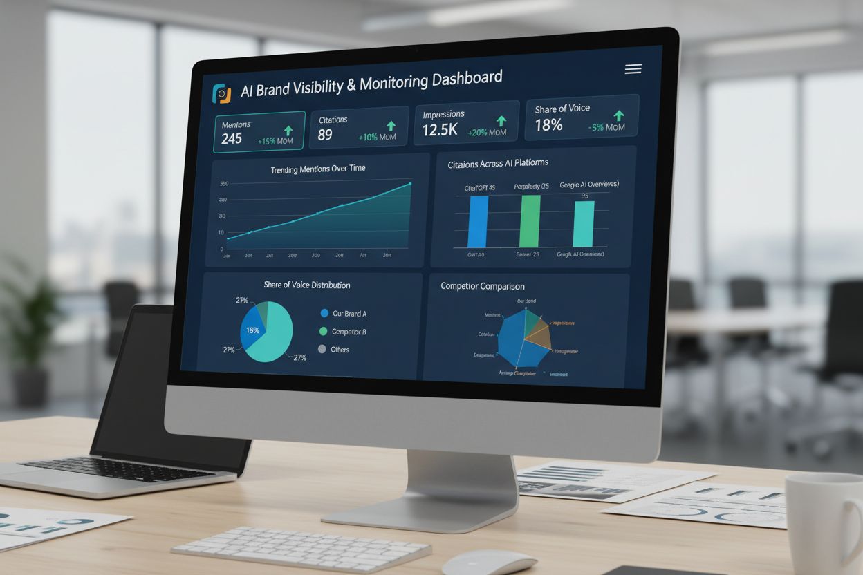 Professional analytics dashboard showing AI visibility metrics and monitoring