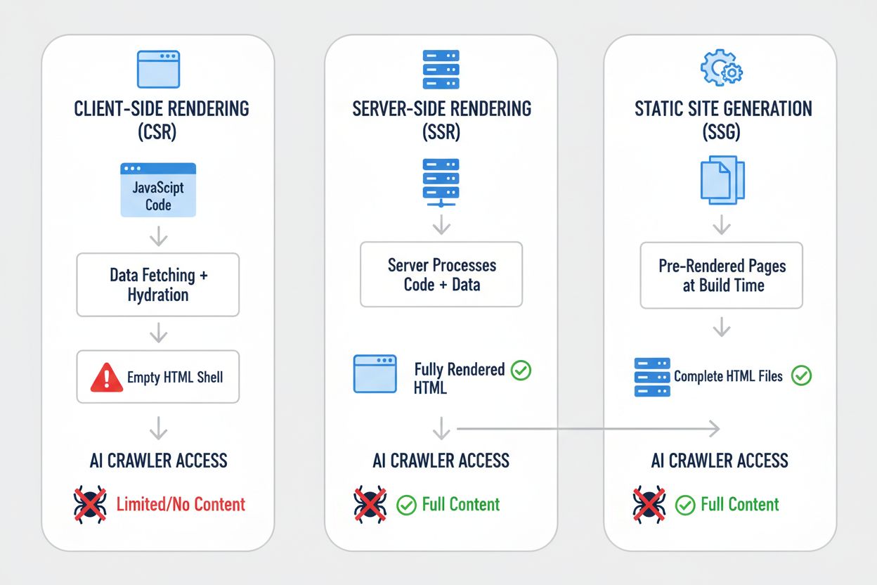 Rendering strategies comparison showing CSR, SSR, and SSG approaches