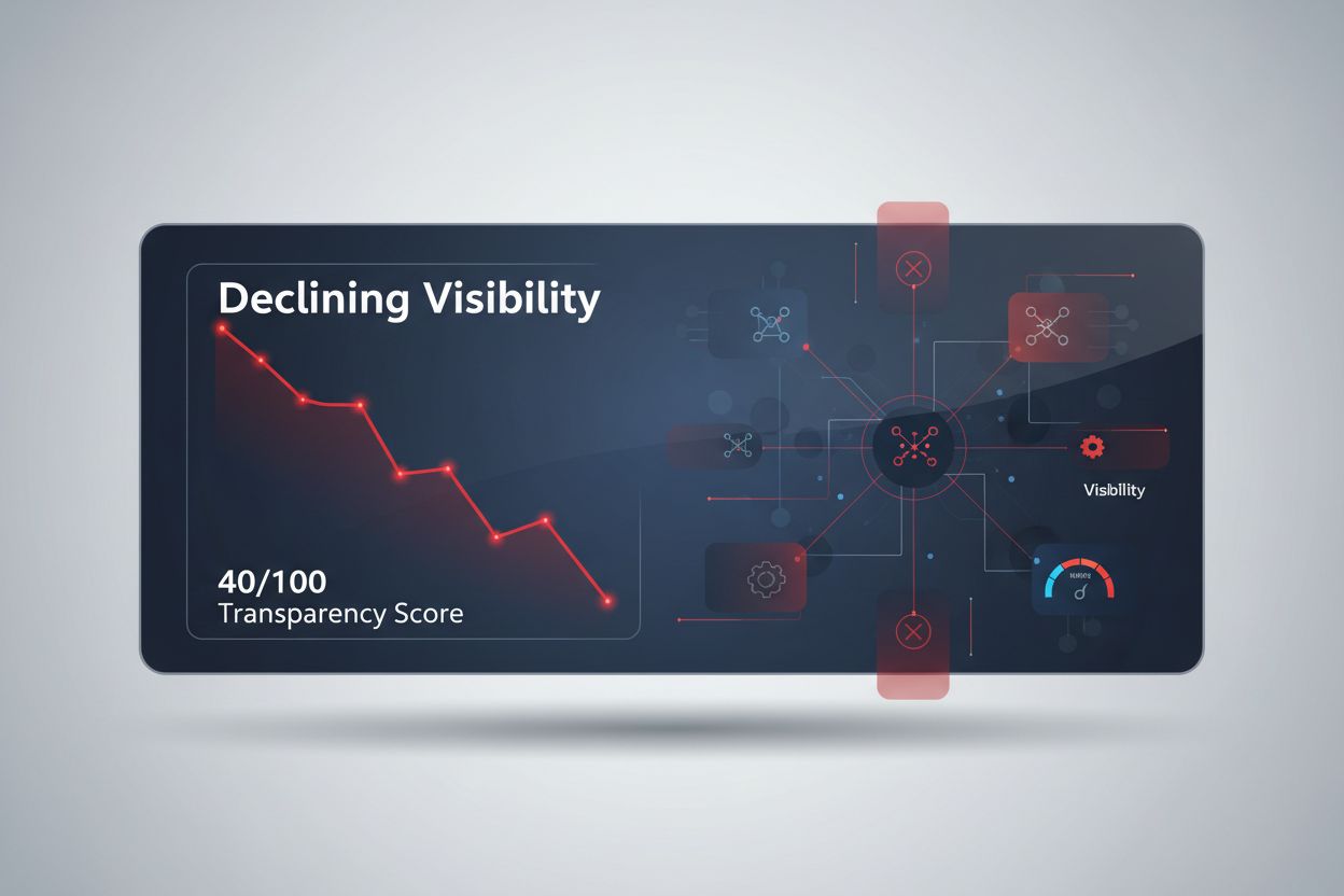 AI transparency crisis visualization showing declining metrics and information opacity