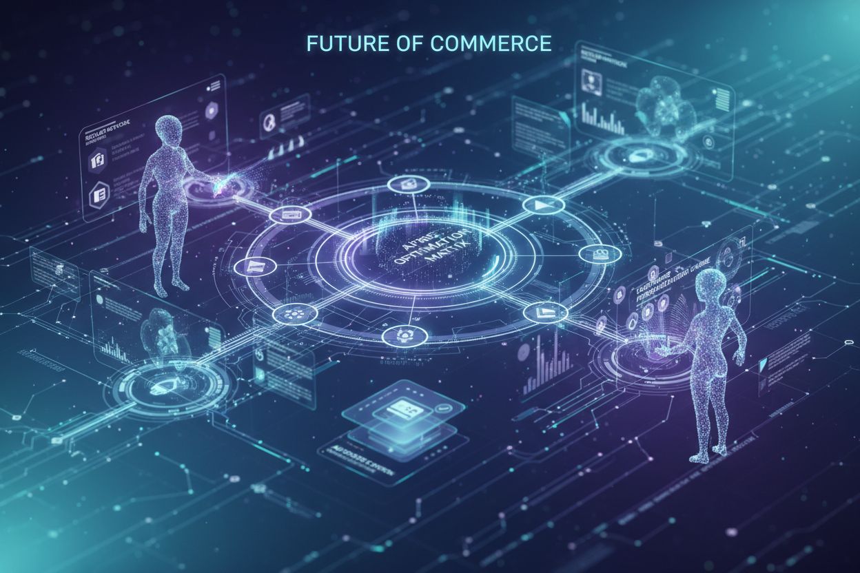 Futuristic AI agents managing e-commerce pricing and autonomous shopping decisions with interconnected payment networks