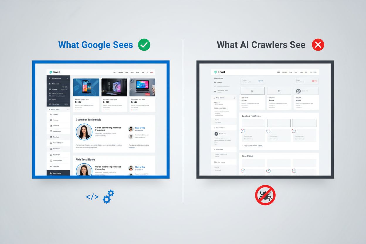 Split-screen comparison showing what Google sees versus what AI crawlers see
