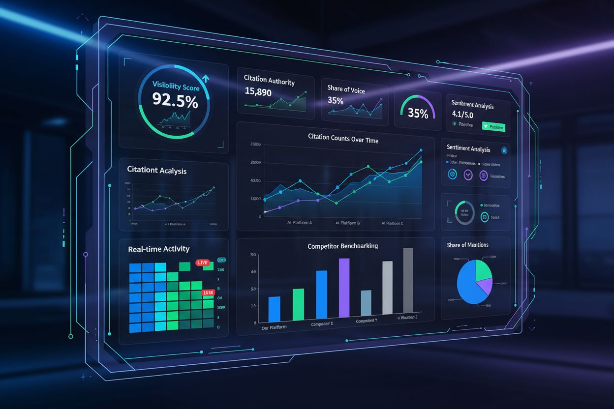 AI Citation Metrics Dashboard showing visibility scores and monitoring data