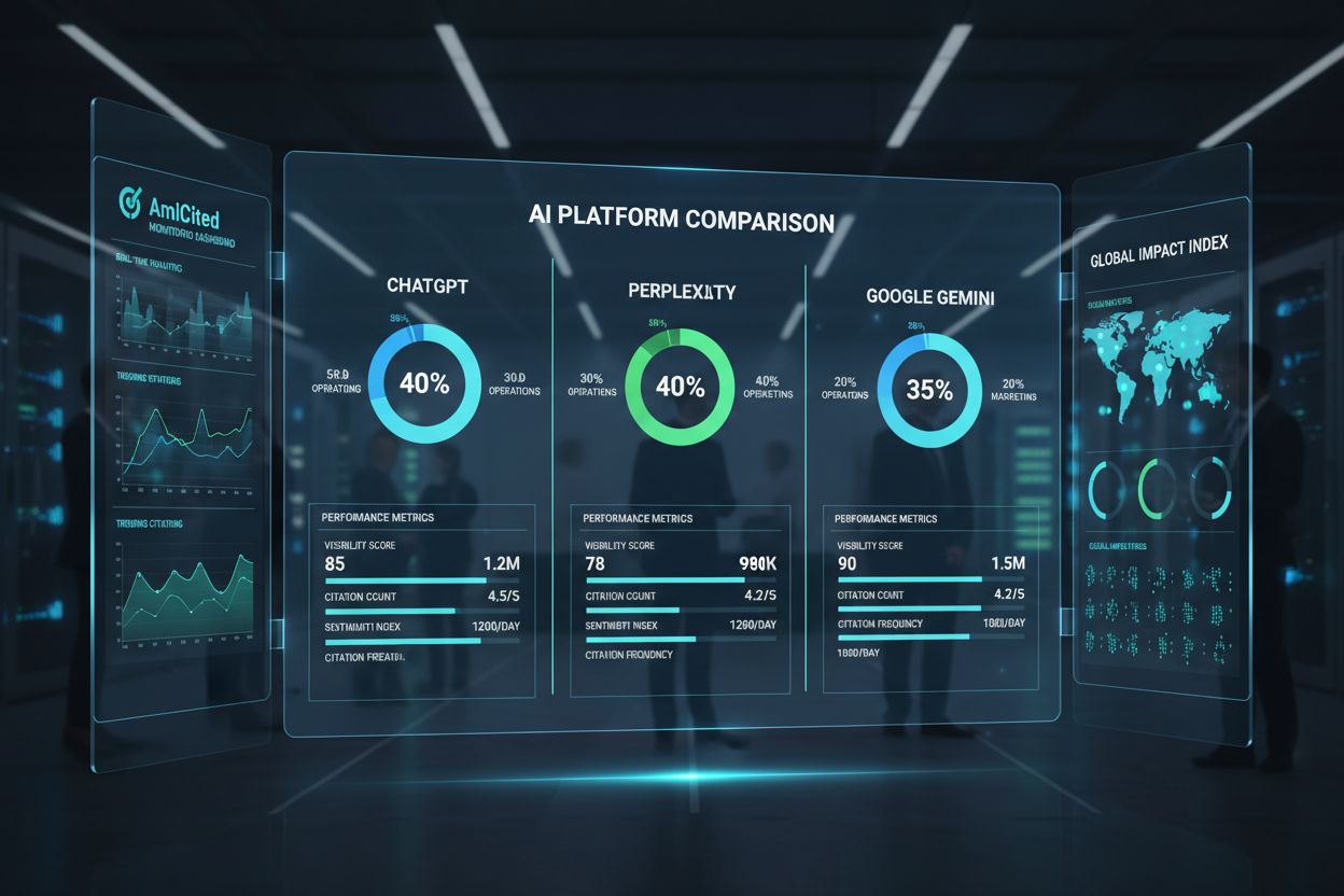 AI platform comparison dashboard showing budget allocation and monitoring metrics