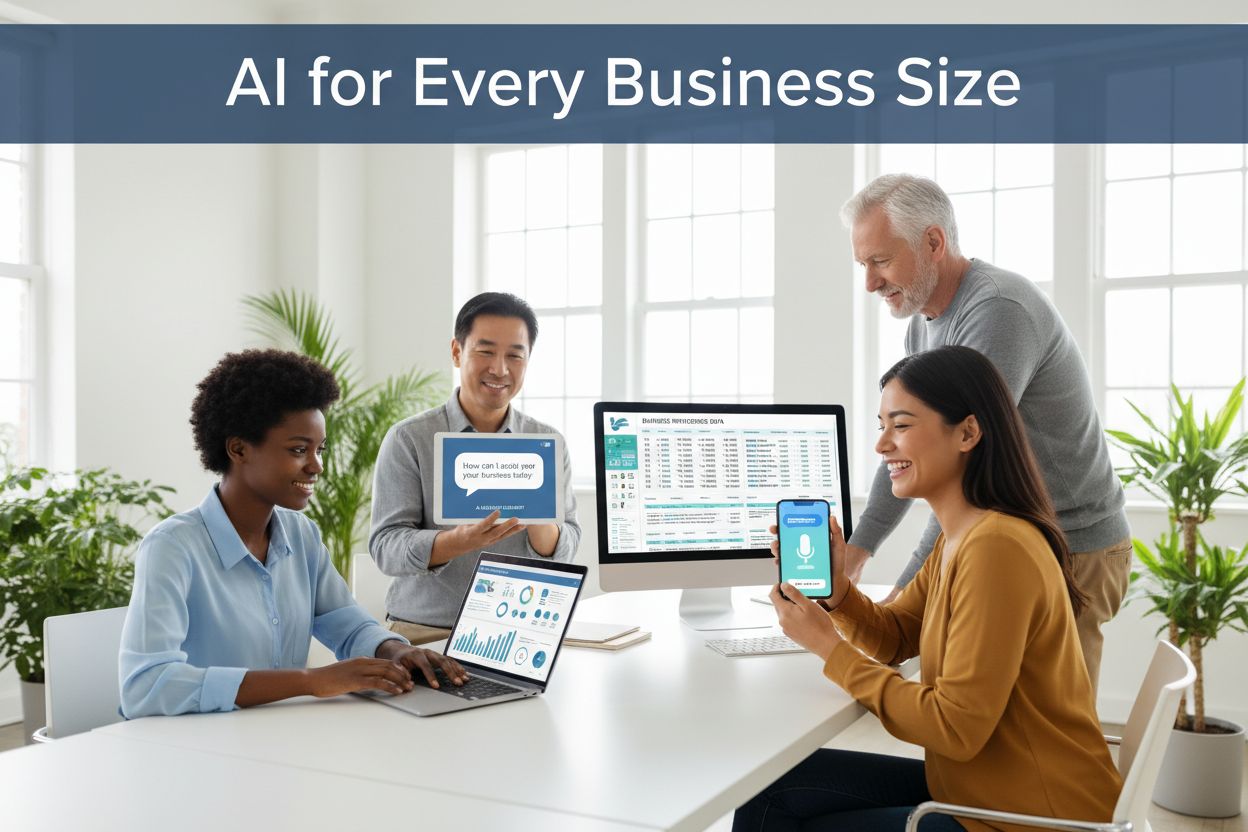 Diverse small business owners using AI tools in modern office workspace