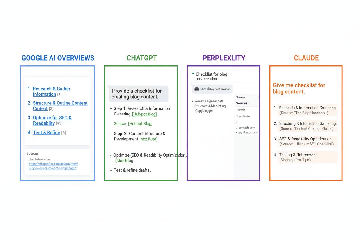 Split-screen comparison showing how Google ChatGPT Perplexity and Claude display and cite checklist content