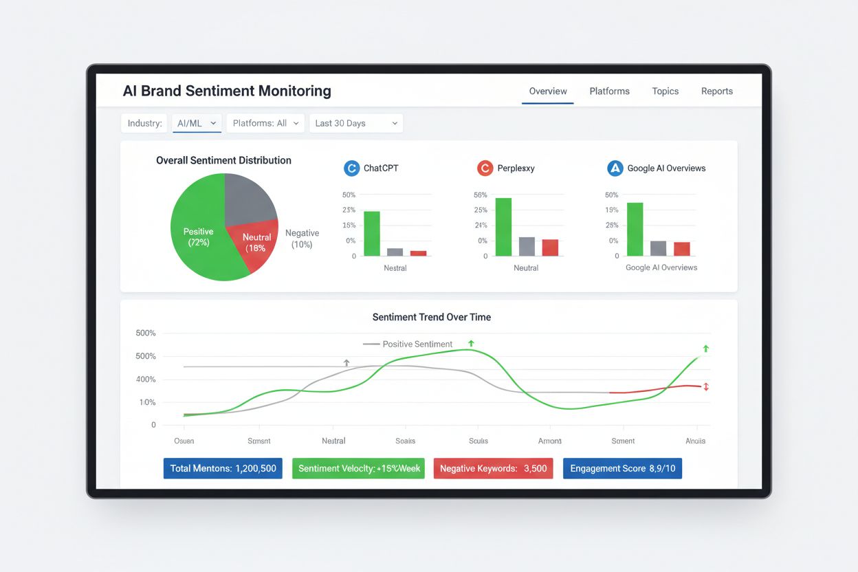 Analytics dashboard showing AI brand sentiment metrics with sentiment distribution, platform comparison, and trend analysis