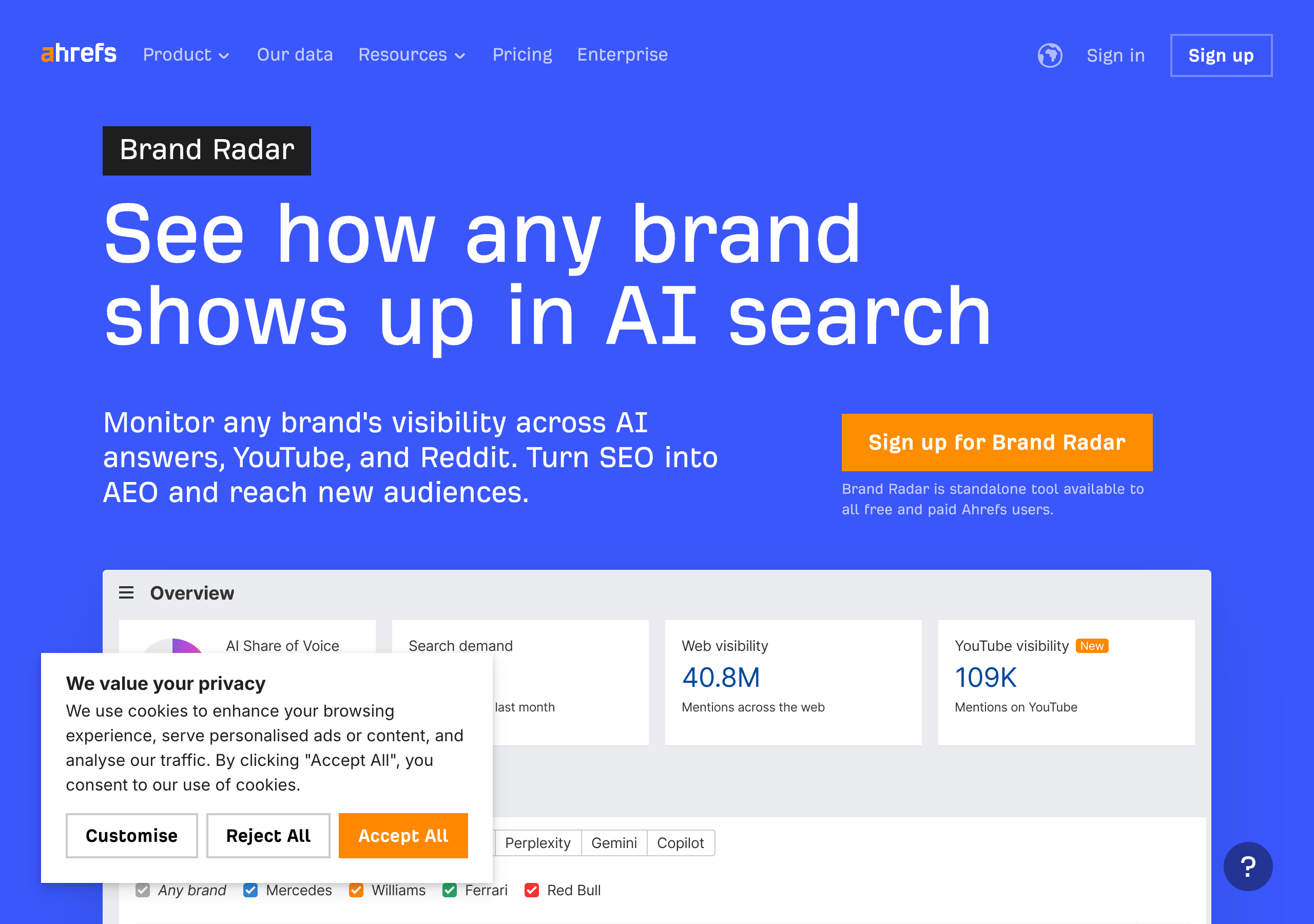 Ahrefs Brand Radar for monitoring brand visibility in AI search and YouTube