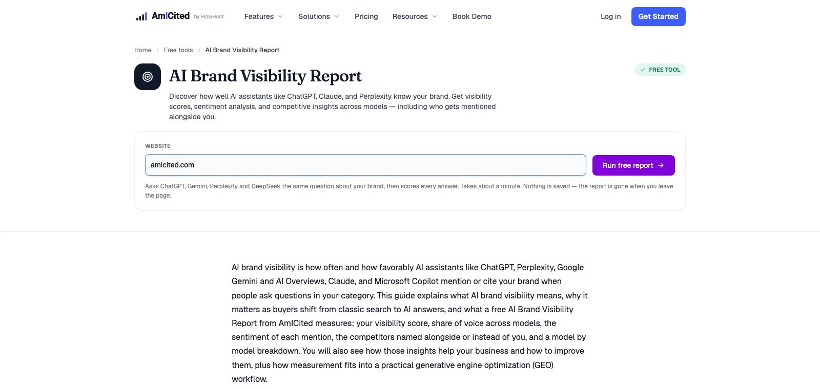Am I Cited free AI Brand Visibility Report, showing the website input and the four engines it queries