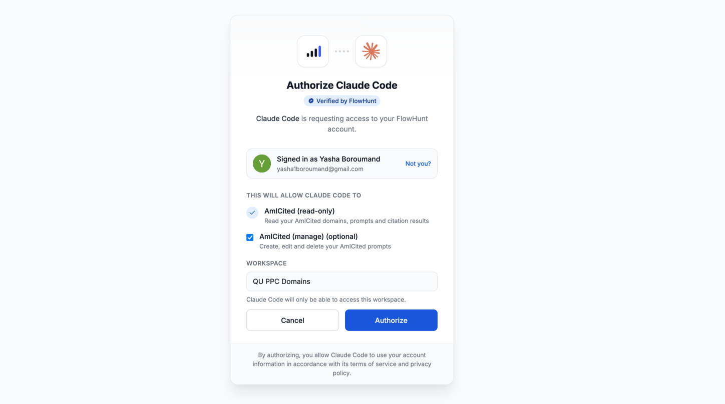 OAuth autorizačná obrazovka na pripojenie Claude Code k AmICited MCP serveru, žiadajúca o schválenie read a manage prístupu pre konkrétny pracovný priestor