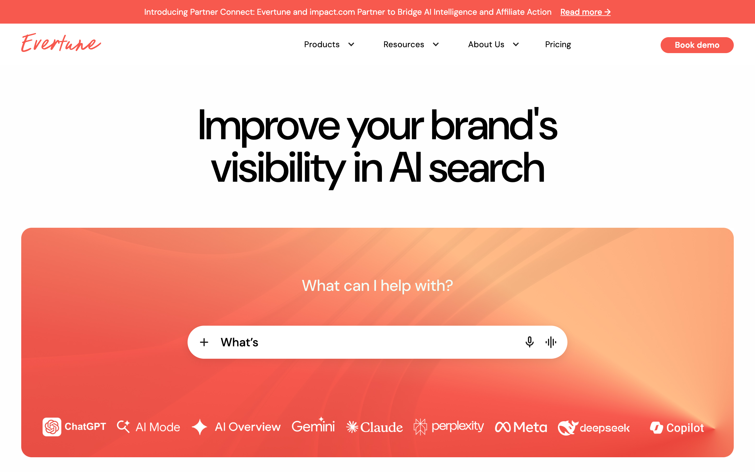 Evertune AI brand monitoring platform homepage with AI search visibility features