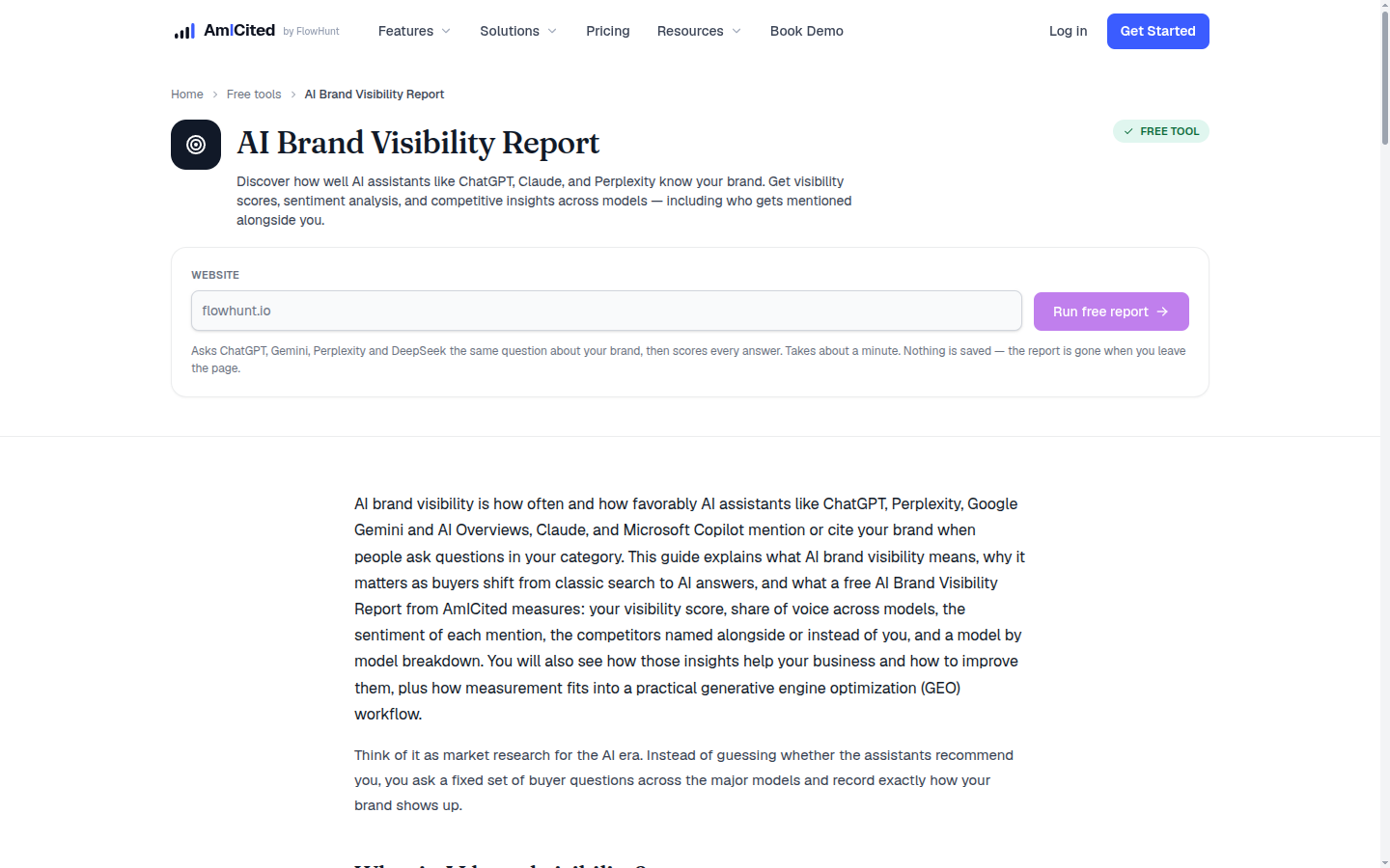 AmICited AI Brand Visibility Report tool page with a website input field and a Run free report button