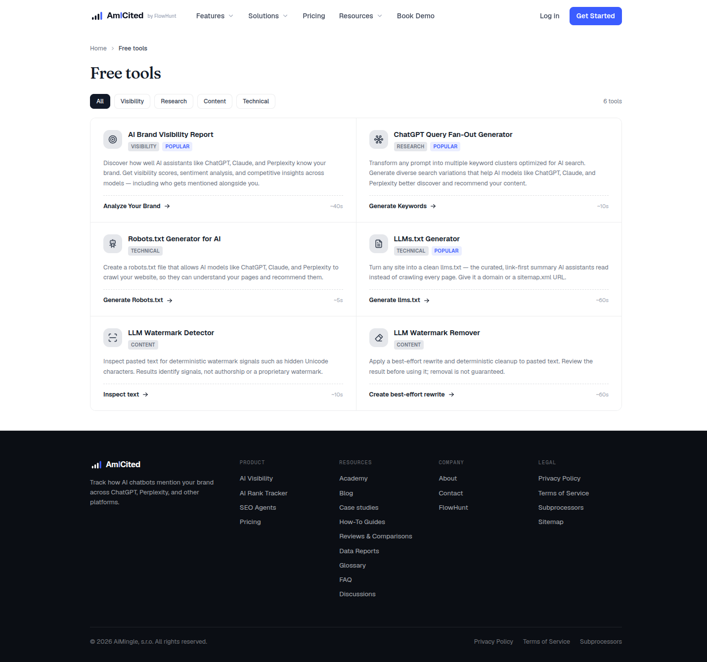 AmICited Free Tools hub listing six free AI visibility utilities: AI Brand Visibility Report, ChatGPT Query Fan-Out Generator, Robots.txt Generator for AI, LLMs.txt Generator, LLM Watermark Detector, and LLM Watermark Remover