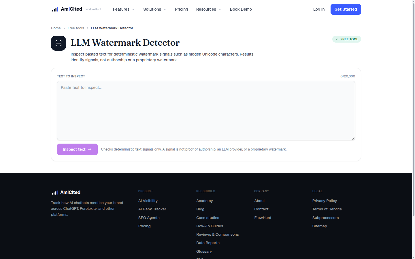 AmICited LLM Watermark Detector tool page for inspecting text for hidden watermark signals