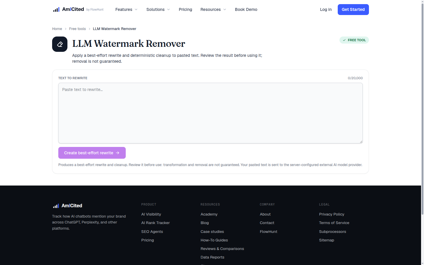 AmICited LLM Watermark Remover tool page for rewriting text to remove watermark signals