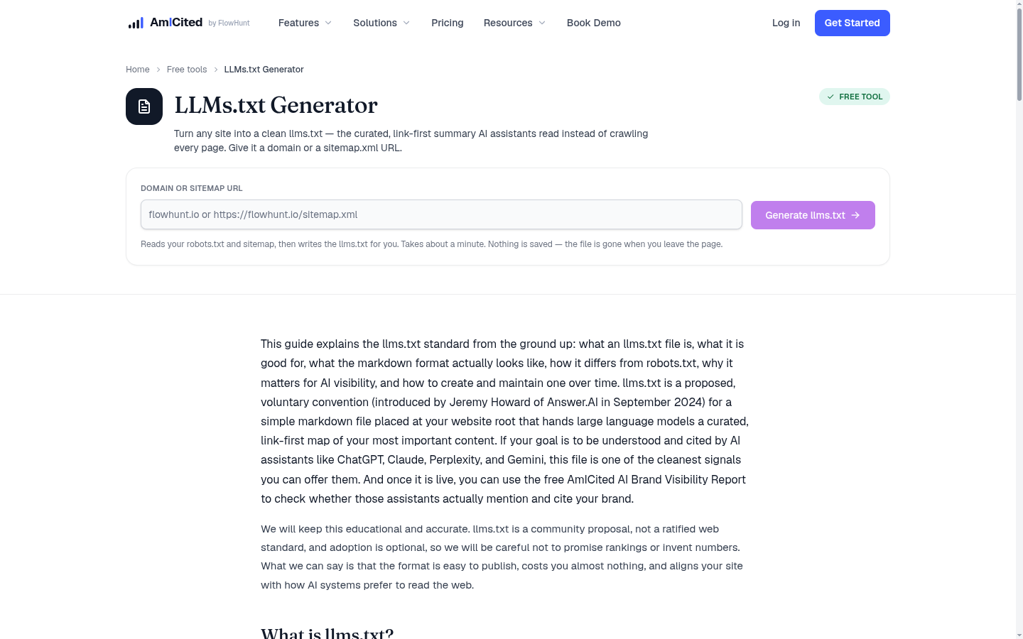 AmICited LLMs.txt Generator tool page for building a curated llms.txt file from a domain or sitemap