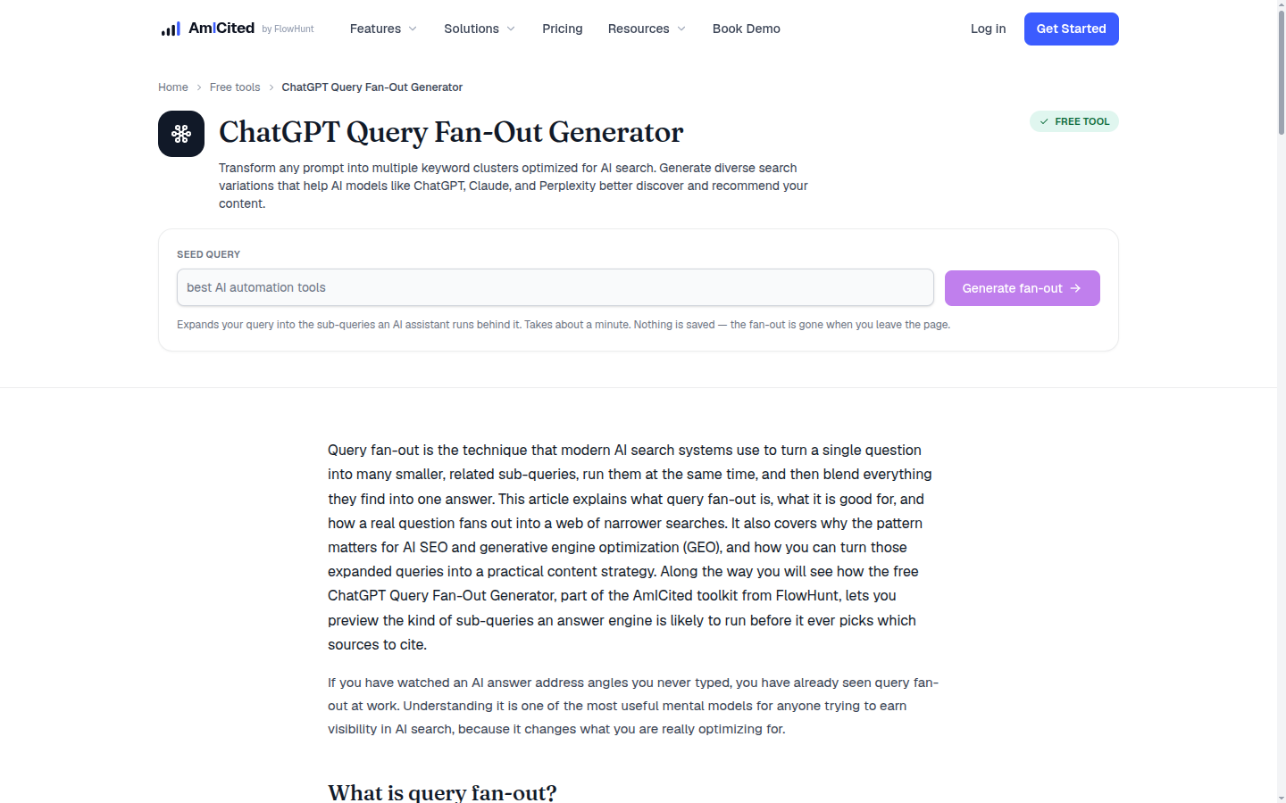 AmICited ChatGPT Query Fan-Out Generator tool page with a seed query input and Generate fan-out button