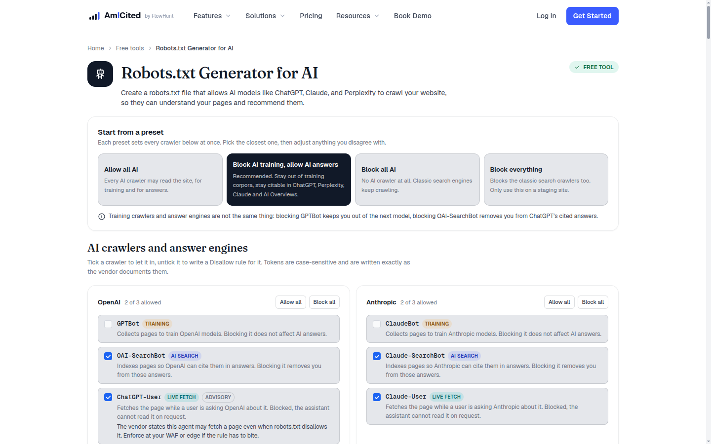 AmICited Robots.txt Generator for AI tool page for creating AI-crawler-friendly robots.txt files