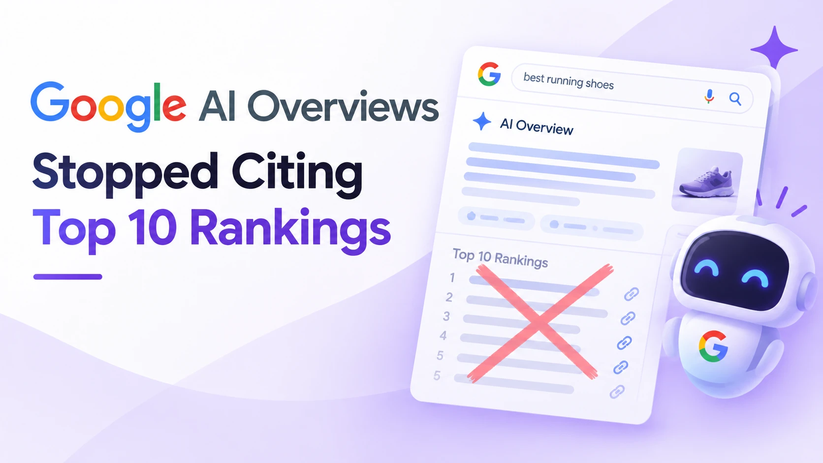 Google AI Overviews har sluttet å sitere topp 10-rangeringer, illustrert med et Google AI Overview-søkeresultat som er strøket over mot en liste over topp 10-rangeringer