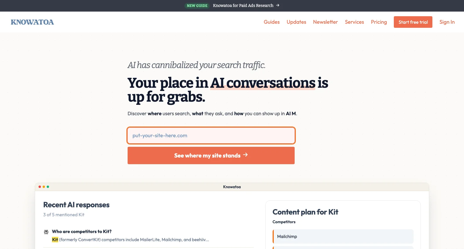 Knowatoa AI visibility check showing recent AI responses and which of them mentioned the brand