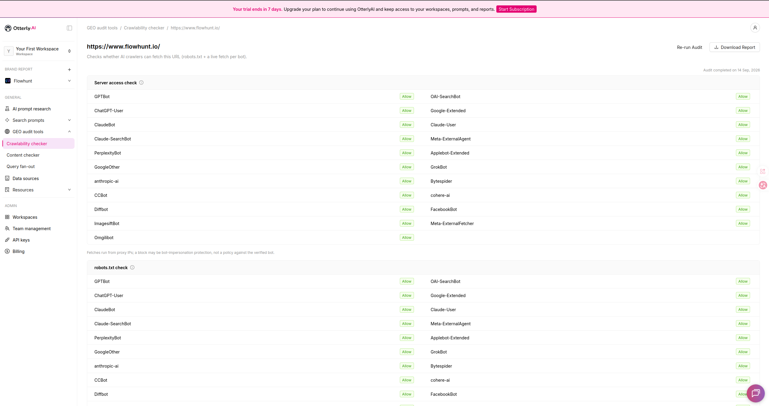 Otterly.ai søkbarhetssjekker som viser AI-bot-server tilgang og robots.txt-resultater, dets fikse-lagsverktøy i stedet for en Search Console-integrasjon