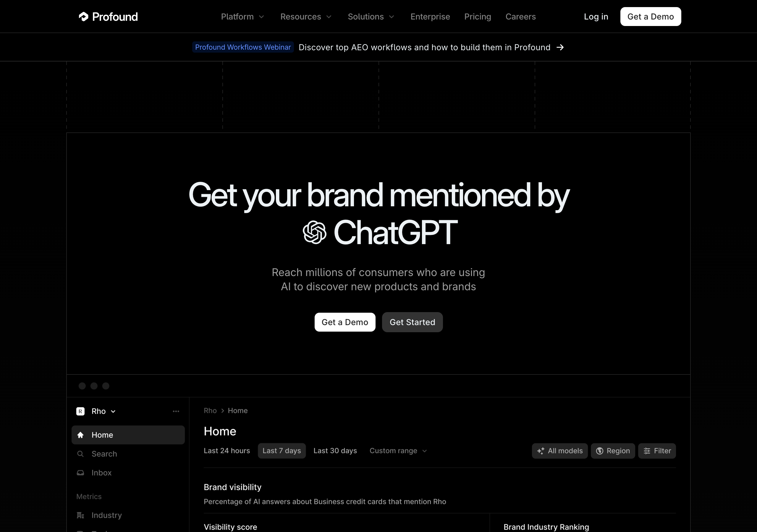 Profound AI visibility platform homepage showing ChatGPT brand monitoring dashboard