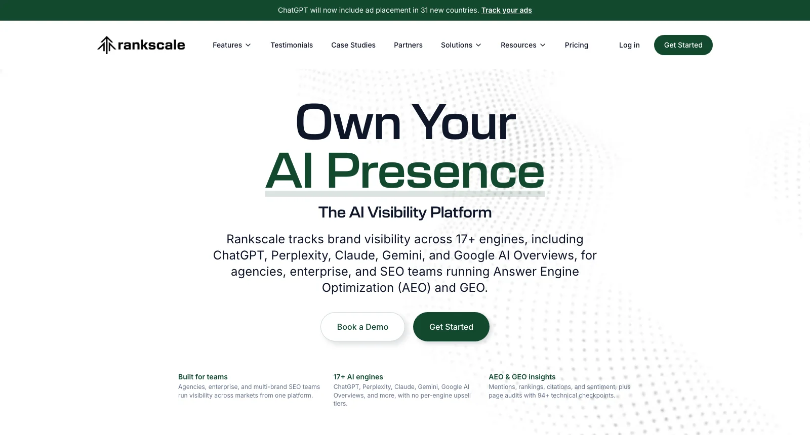 Rankscale AI visibility platform covering 17 or more engines, with a free audit as its entry point