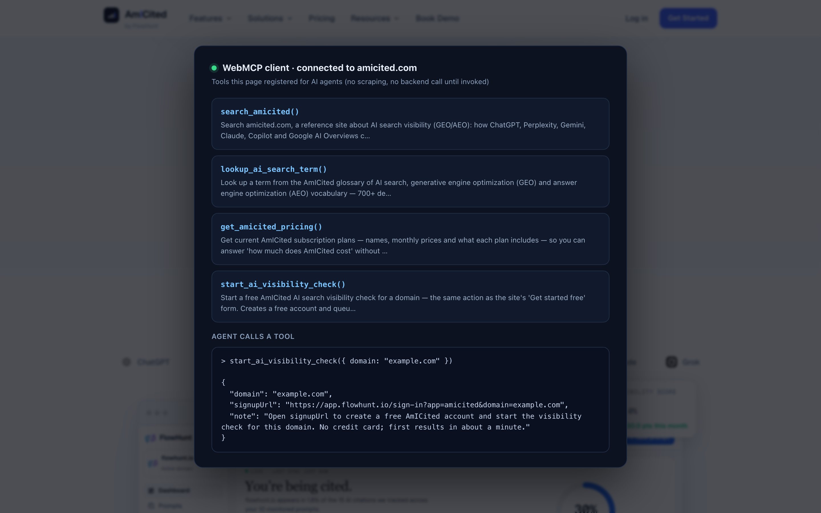 Panneau client WebMCP d'AmICited montrant quatre outils enregistrés : search_amicited, lookup_ai_search_term, get_amicited_pricing et start_ai_visibility_check