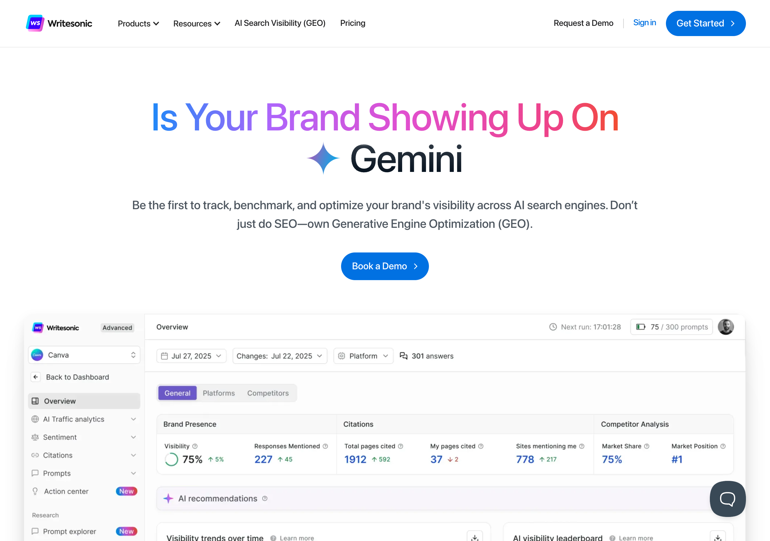 Writesonic GEO platform for generative engine optimization and AI search visibility